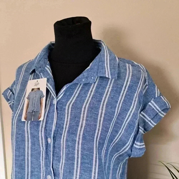 ❤️ Jachs Girlfriend Short Sleeved Linen Blend Blouse XS Striped Lightweight Top - Picture 5 of 14
